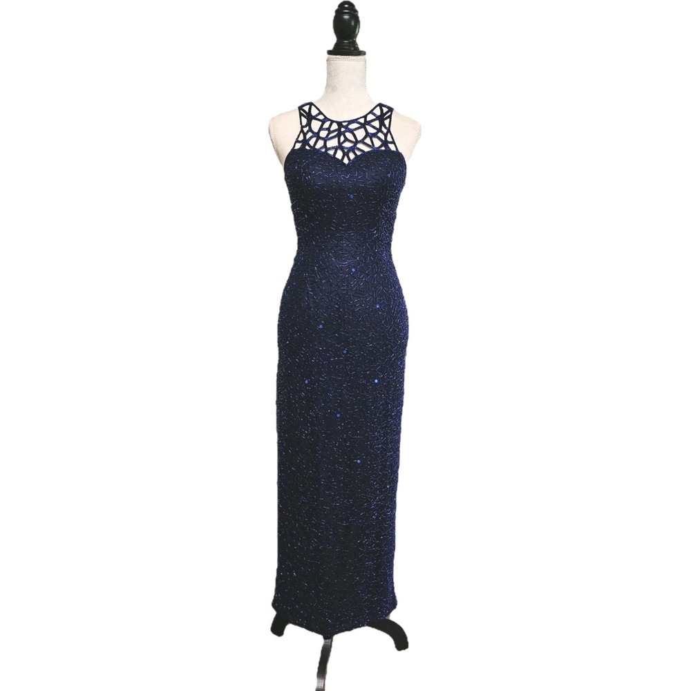 Vintage Scala Silk Beaded Navy Formal Maxi Dress Size S Old Hollywood Homecoming